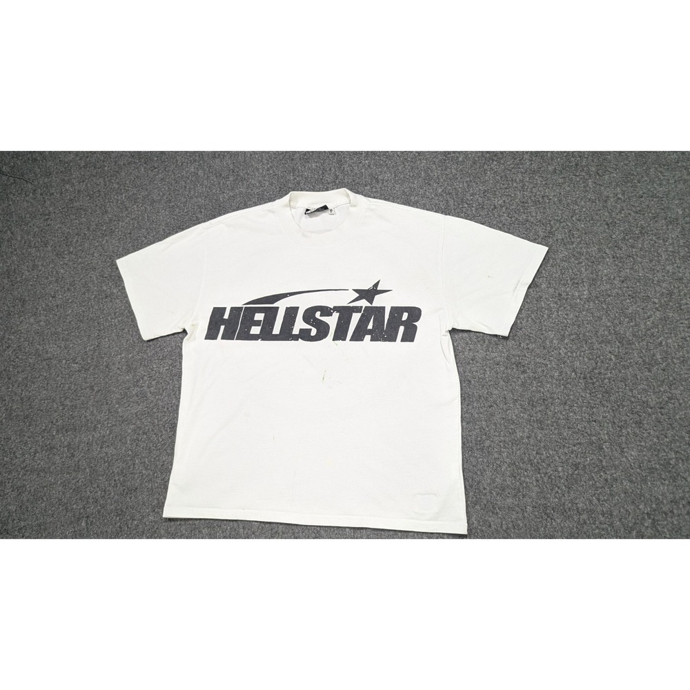 Hellstar Shirt Mens M White Black Logo Graphic Print Short Sleeve Summer Flaws